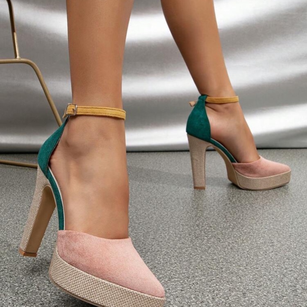 Chic Green and Pink Block Heel Mary Janes - Picture 3 of 5